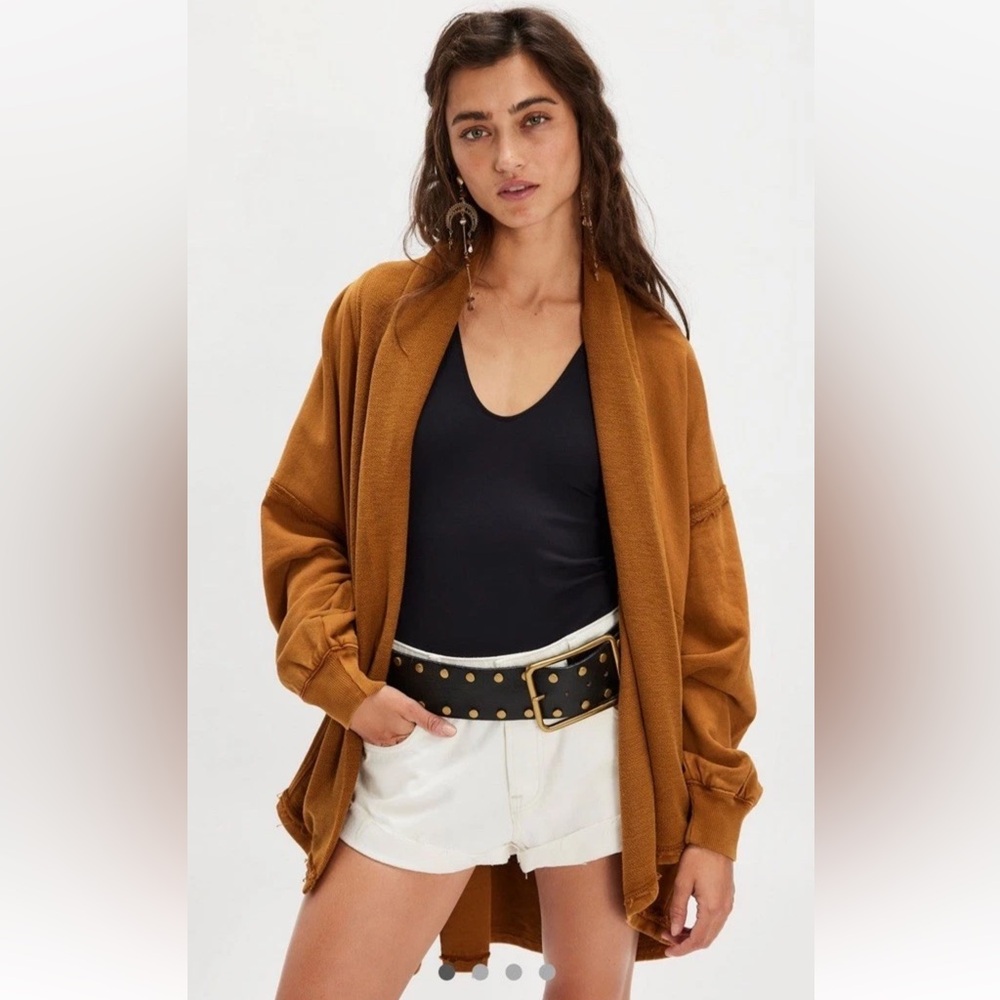 Free People Boothbay Sweatshirt Terry Open Tie Oversized Golden Brown
